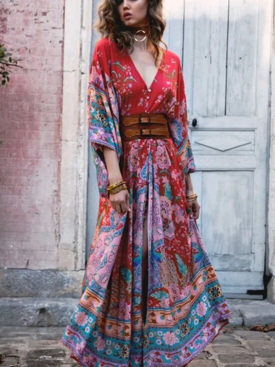 Spell Dresses & Skirts - Spell Red Lotus Kimono Sleeve Maxi Gown | Red | Medium | Boho Formal Dress